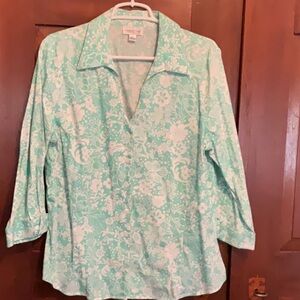 Coldwater Creek Green and White 3/4 Sleeve Blouse